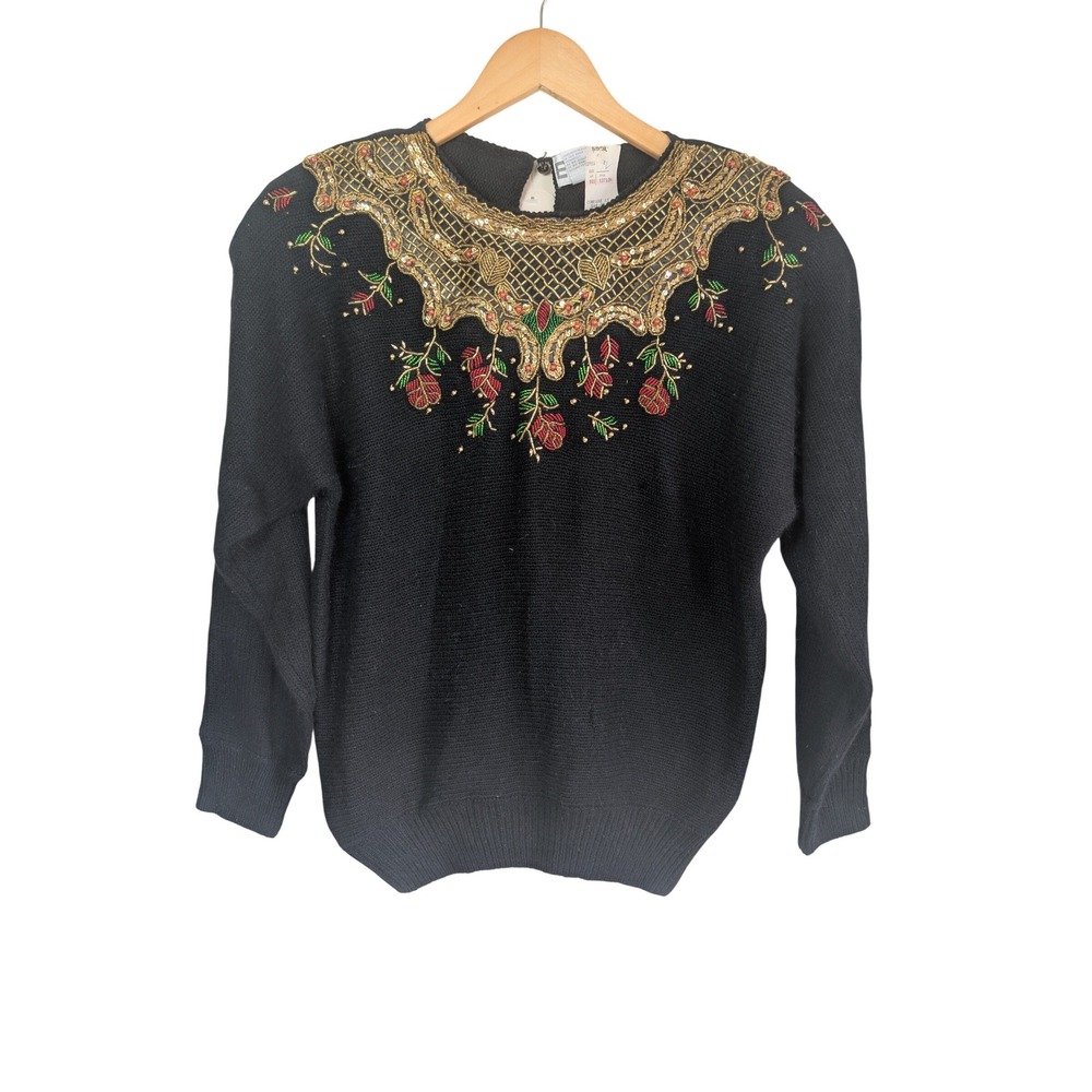 Vintage EMT Black Silk Angora Beaded Sequin Rose Sweater Womens L Holiday 90s